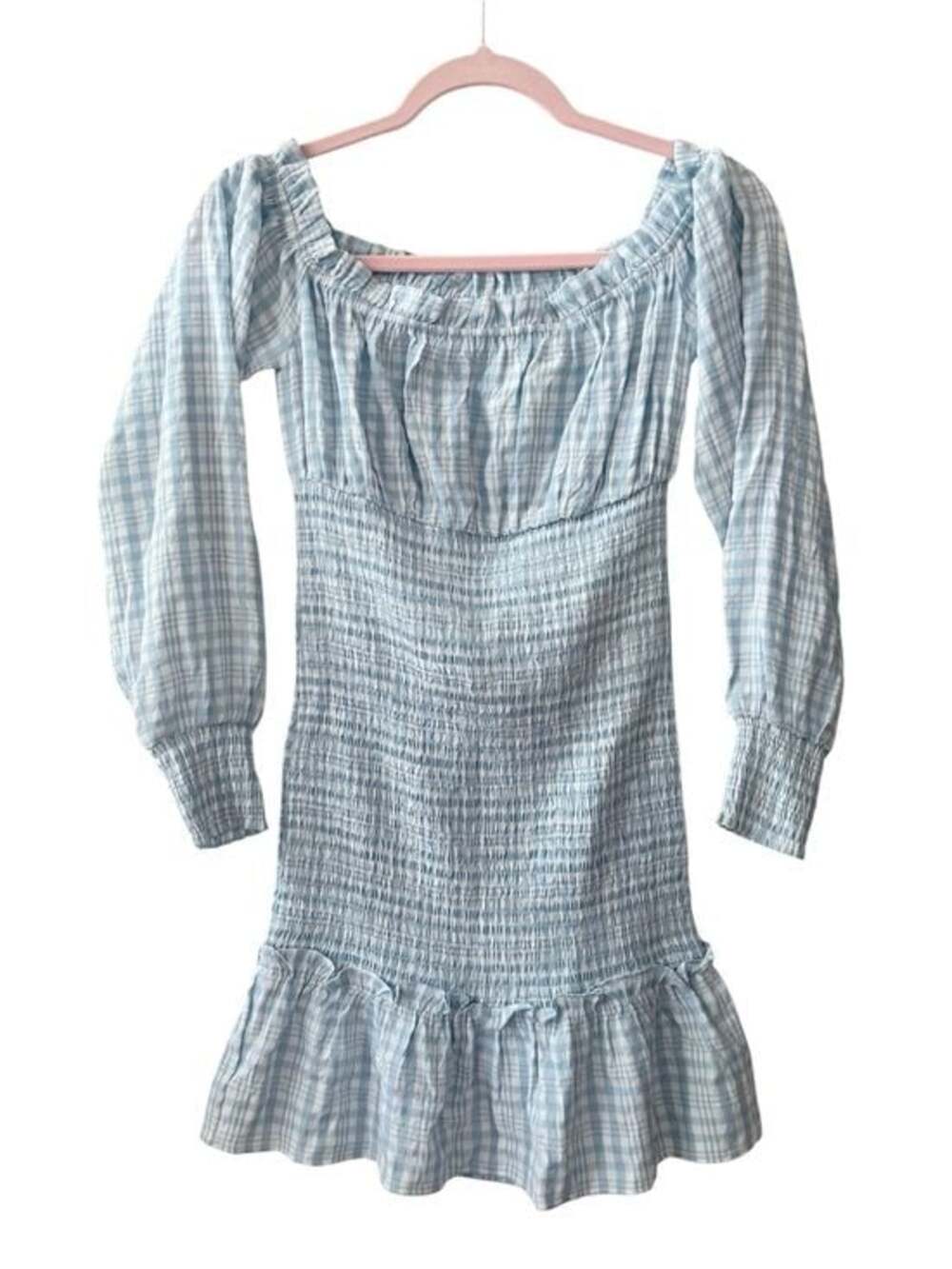Leche Light Blue Plaid Smocked Off-Shoulder Dress Size S